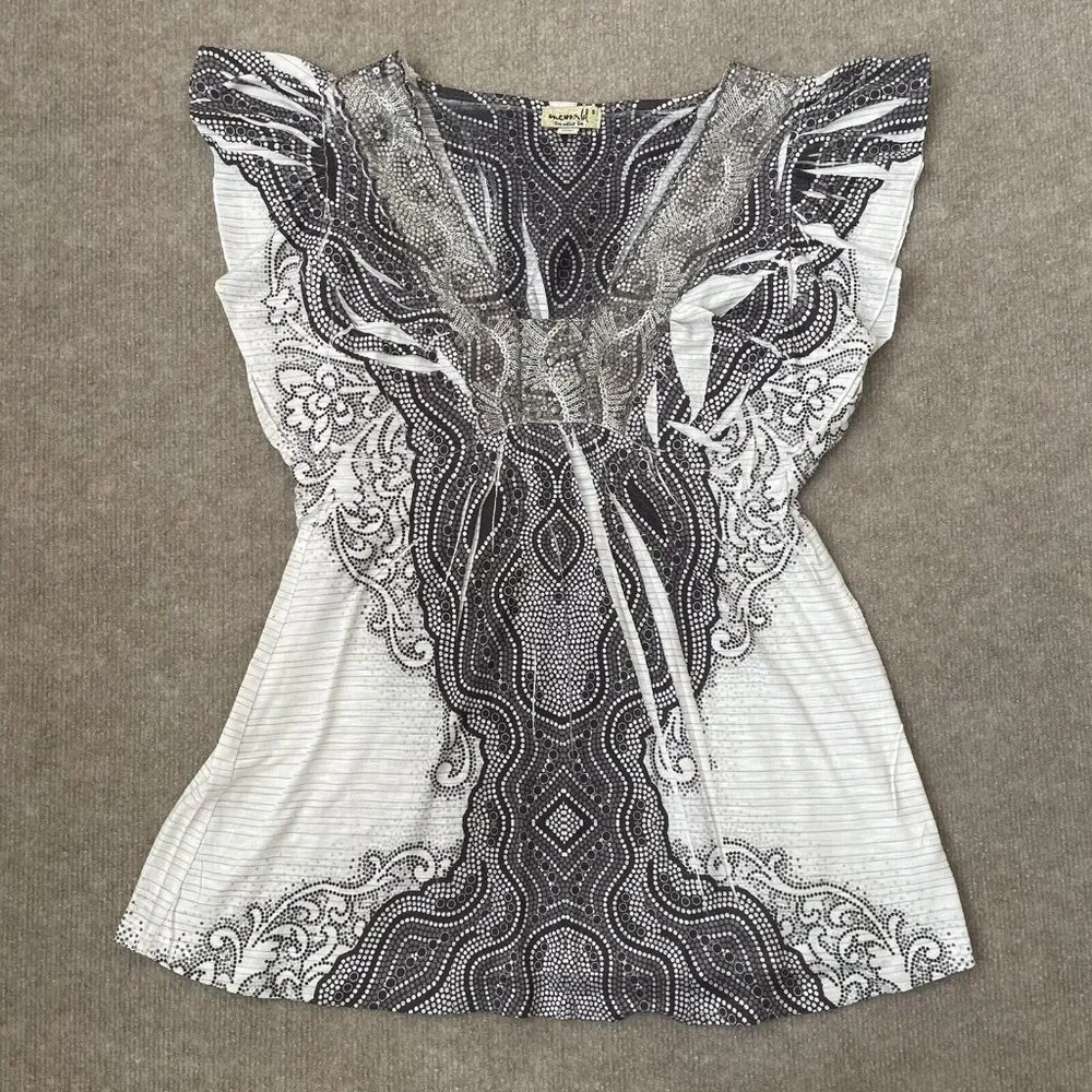 One World Shirt Womens Small Gray Black Silver Sequins Embroidered Boho Flowy - Picture 1 of 7